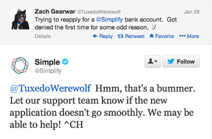 Example of a the Simple Twitter account replying to a complaint in a natural and human way.