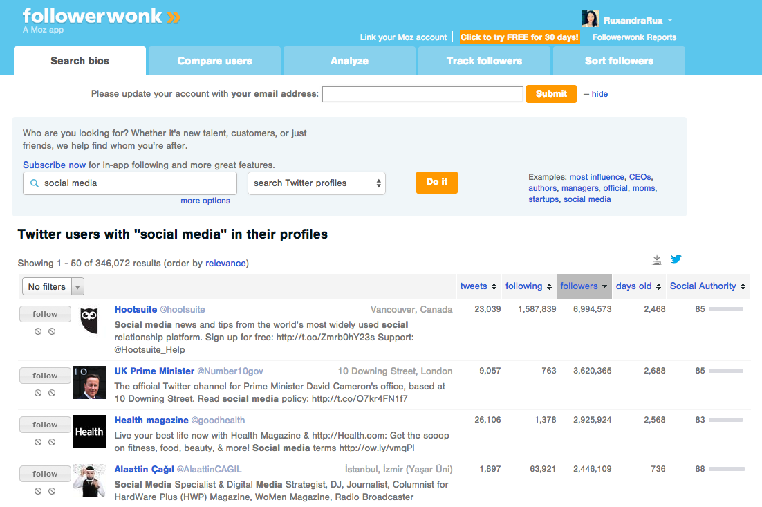 followerwonk is a free social media tracking tool from Moz