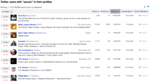 List of Twitter users with "soccer" in their bios generated by the Followerwonk Twitter analytics tool