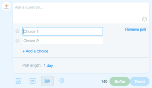 The Twitter poll creation options including entering responses and the length of the poll.