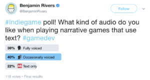 A Twitter poll where a game developer has asked for opinions on the ue of types of audio in certain situations