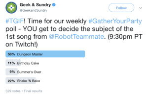 A Twitter poll from a weekly series asking users to choose a subject for a song.