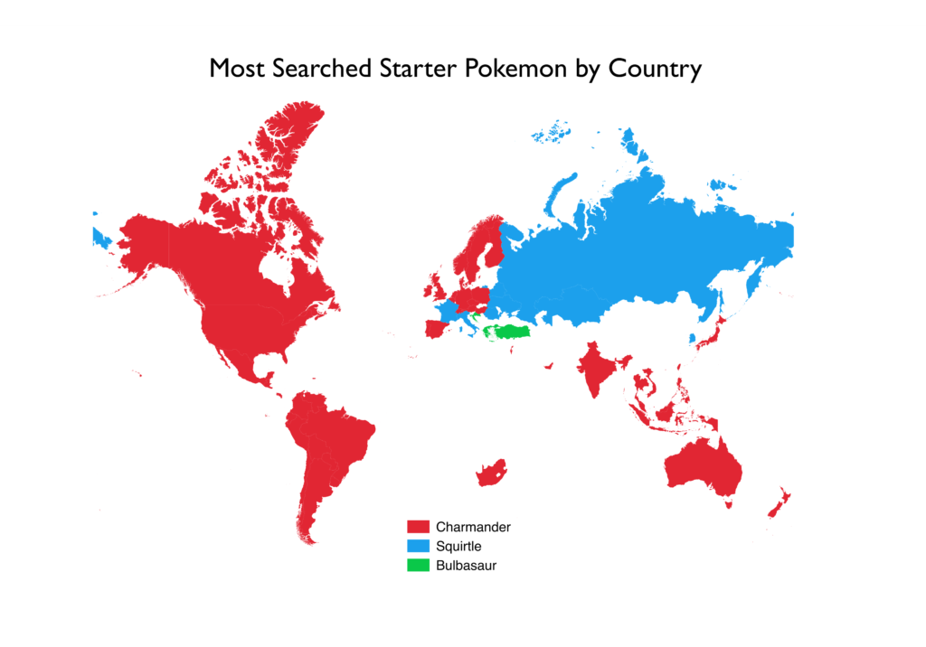 A QGIS map visualizing which are the most searched stater Pokemon by country