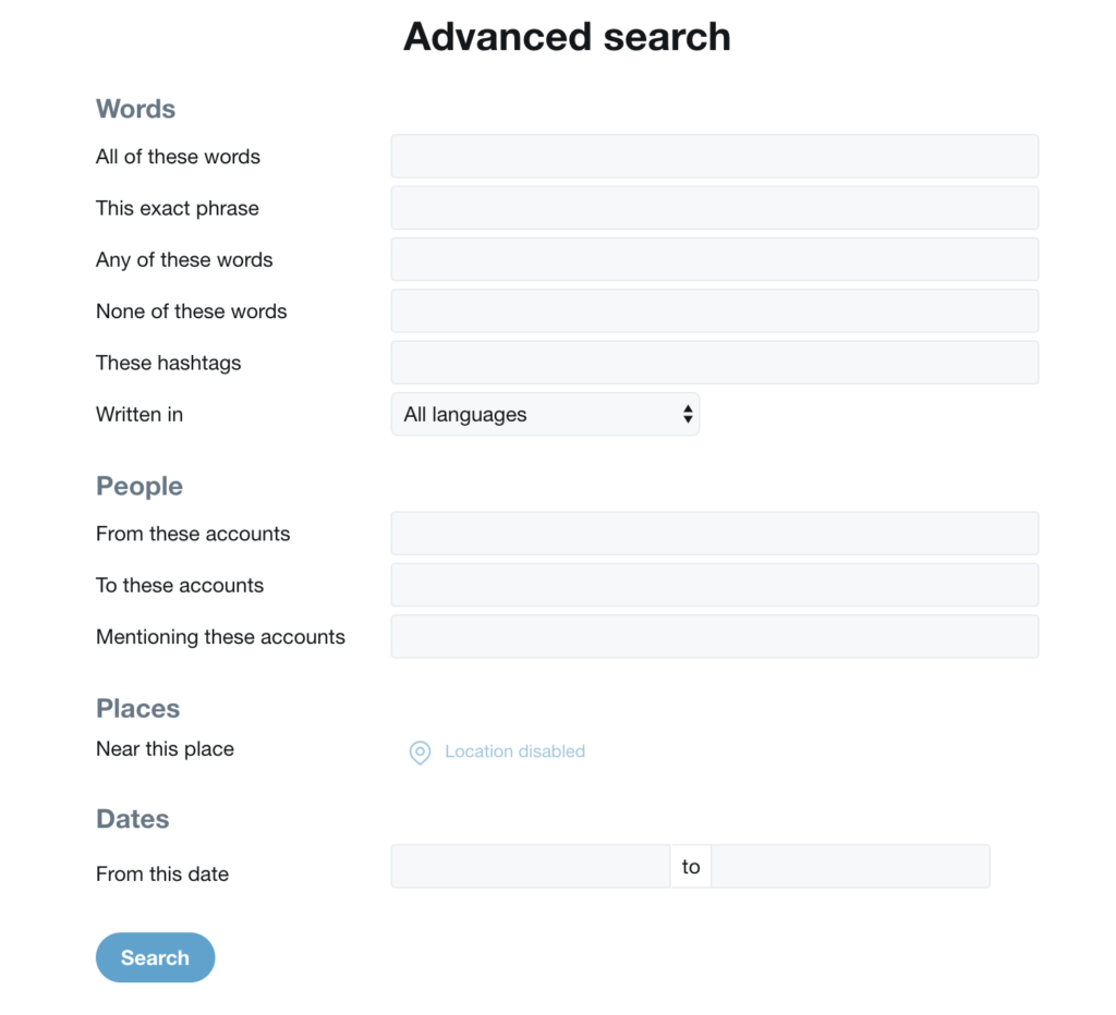 The Twitter Advanced search screen
