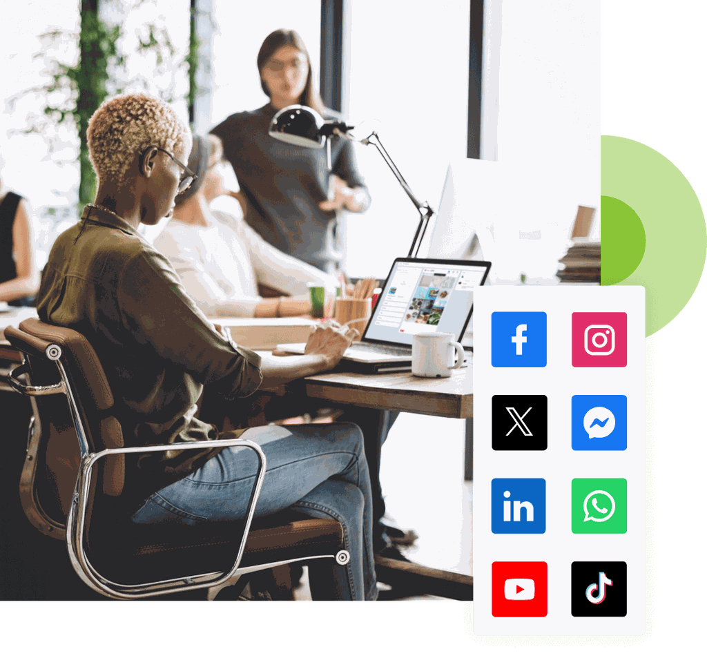 Women working in an office. Social Media icons are overlaid.