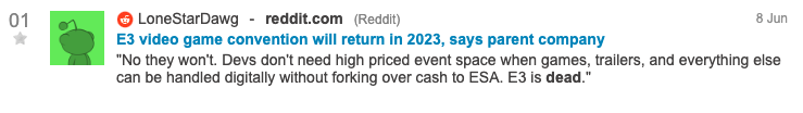 a Reddit user is discussing the return of E3 in 2023
