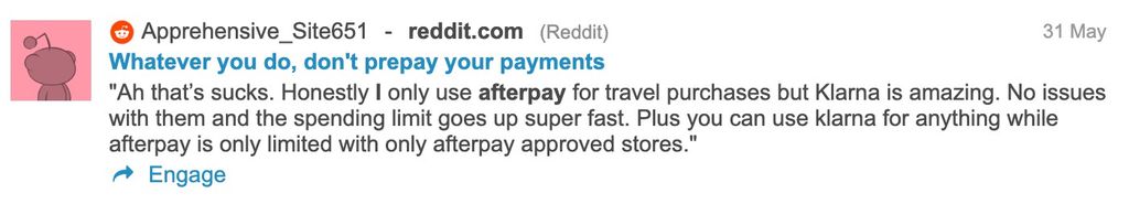 a Reddit user is describing his preferences towards Klarna over AfterPay