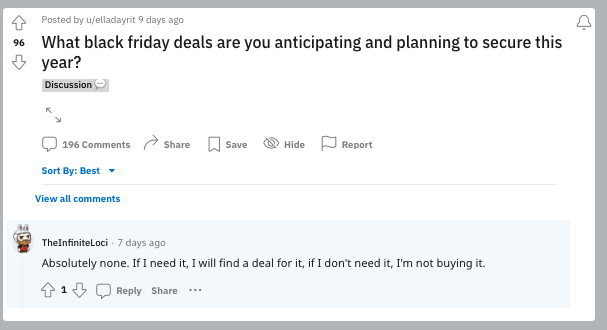 A consumer talks on Reddit about not going after Black Friday deals