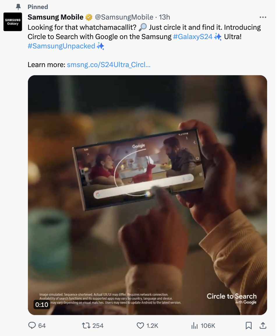 Screenshot shows pinned X post by Samsung.