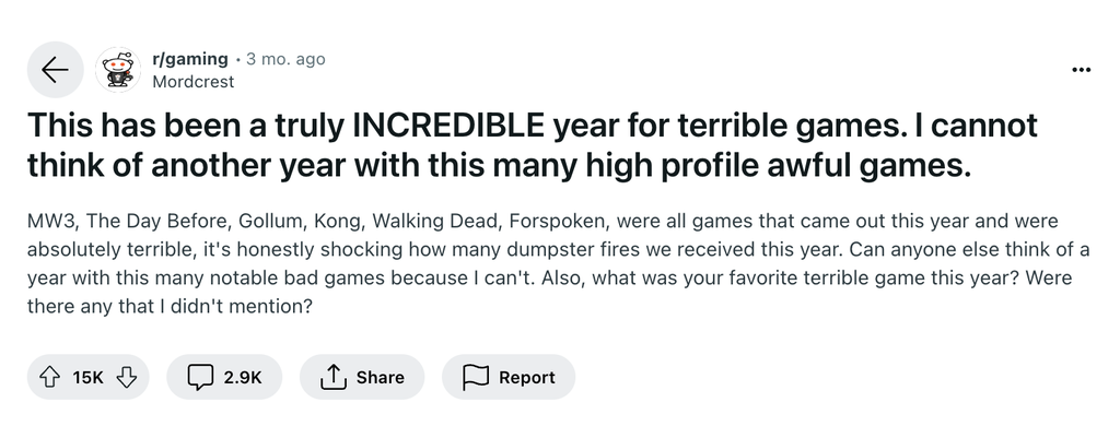 Screenshot shows a Subreddit around 2023 being a poor gaming year.
