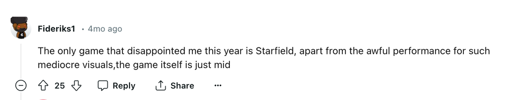Screenshot shows a comment on Reddit about a user being disappointed with the game Starfield.