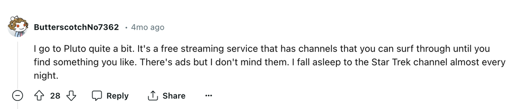 Screenshot shows a Reddit comment around the benefits of free streaming services.