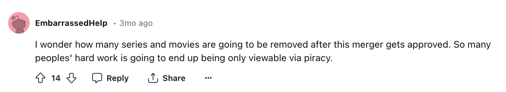 Screenshots shows a comment on Reddit about shows and movies being removed from streaming services.