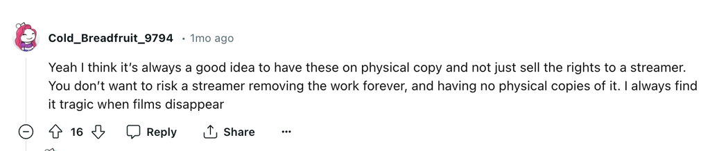 Screenshot shows a comment on Reddit about physical copies of shows and movies.