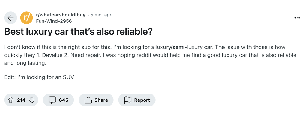 Screenshot shows a Reddit comment asking for advice on buying a car.