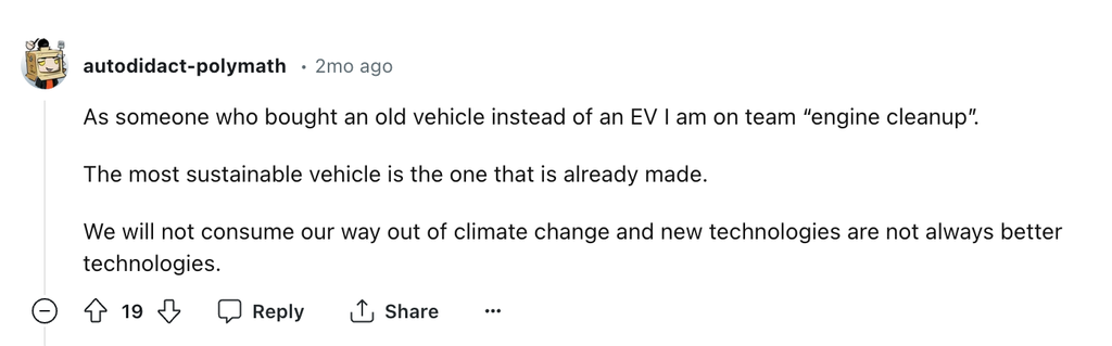 Screenshot shows a Reddit comment about EVs and sustainability.