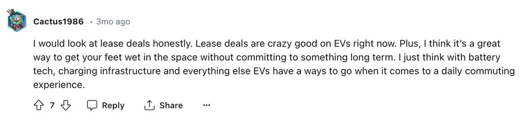 Screenshot shows a Reddit comment about leasing a car.