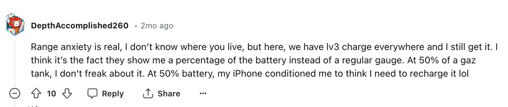 Sreenshot shows Reddit comment about range anxiety.