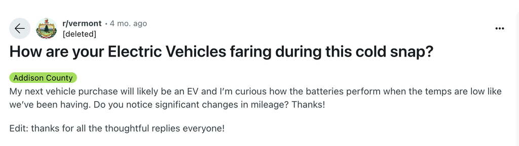Screenshot shows a Reddit comment about EV battery performance in cold weather.