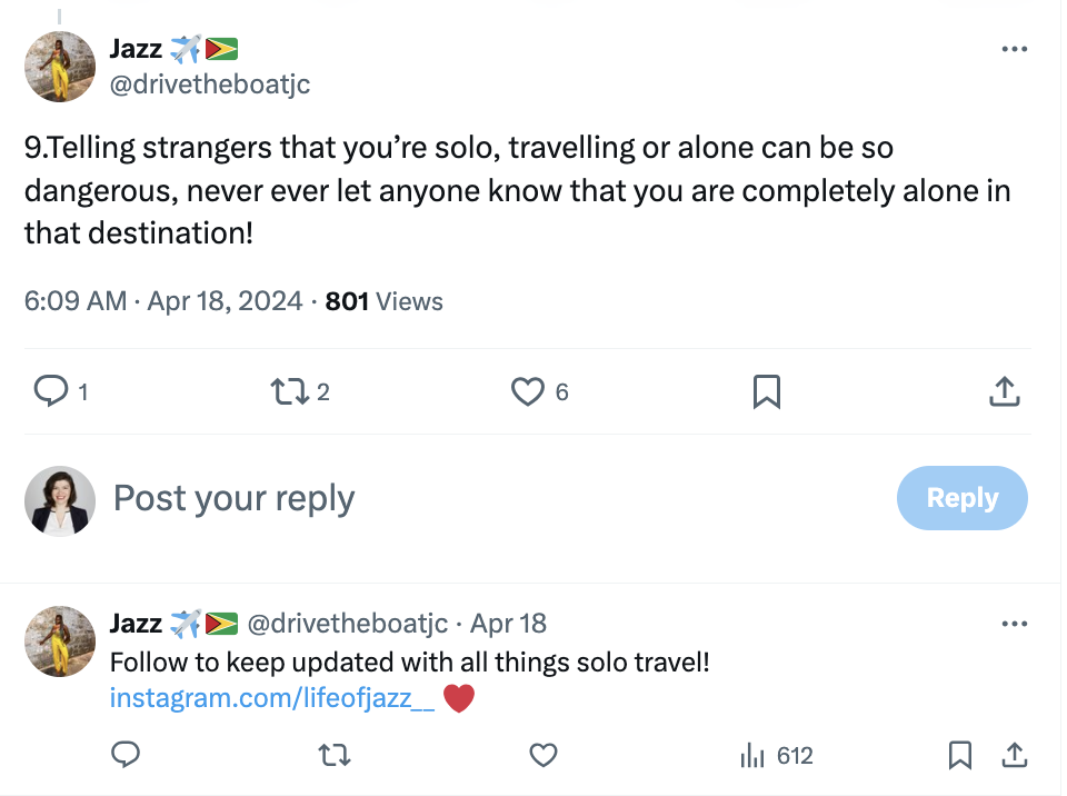 Female solo traveler expert makes recommendations on X