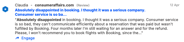Upset customer discusses Booking.com on consumeraffairs.com