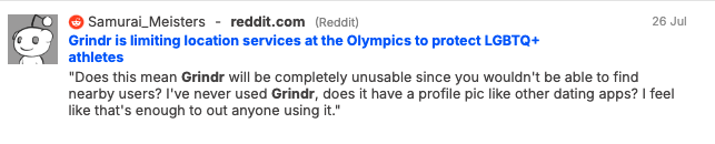 Redditor discusses dating app Grindr's decision to disable location-based services at the Olympics