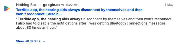 Consumer review on the app that gets disconnected from Bluetooth