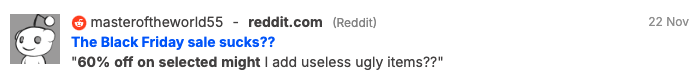 A Redditor shares their discontent with the Black Friday sale
