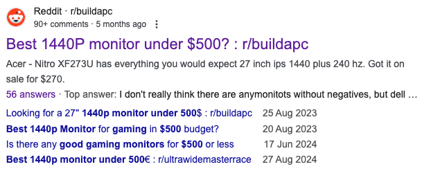 Screenshot of Reddit post asking a question about monitors appearing as a search result.