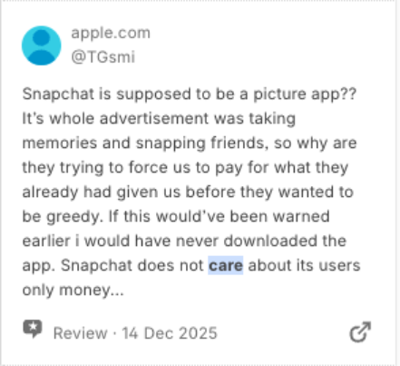 User complains about Snalchat taking away free features
