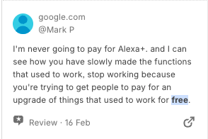 User complains about Alexa taking away free features