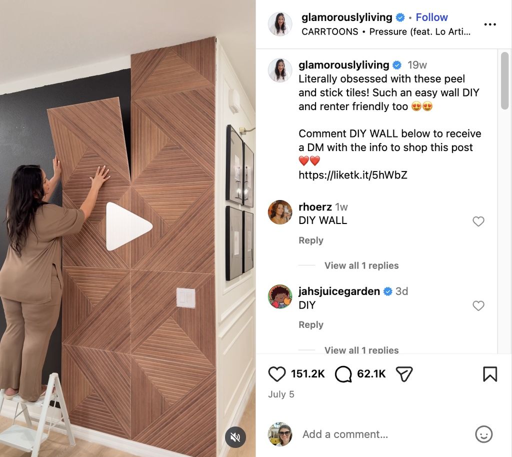 Instagram DIY influencer is showing how to use stick tiles to dress up a wall