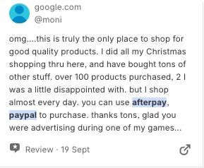 A consumer discusses paying for Xmas gifts using Paypal and Afterpay.