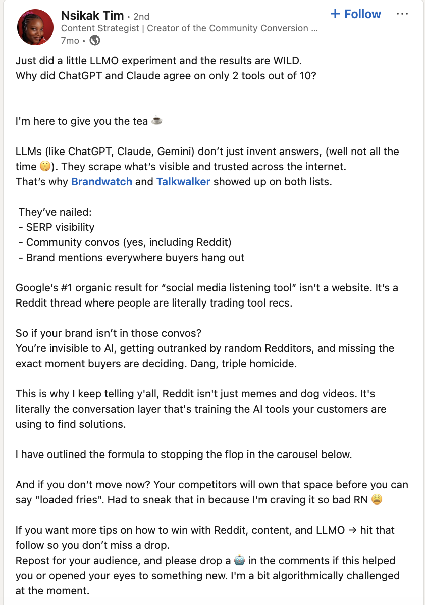 A marketer on LinkedIn praises Brandwatch's LLM strategy
